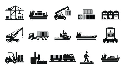 Obraz premium Logistics, Shipping Cargo Transportation Black White Glyph Icons Set