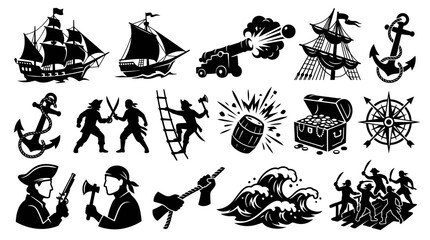 Fototapeta premium Black White Pirate and Nautical Adventure Vector Glyph Icons Set