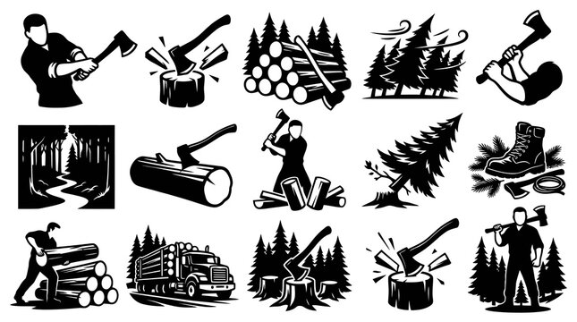 Lumberjack Icons: Ax, Wood, Forest, Truck, Boots, Black and White Vector
