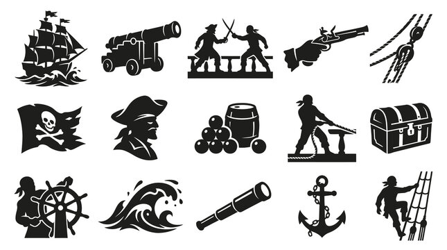 Pirate Icons Set: Ship, Cannon, Sword Fight, Flintlock Pistol, Anchor, Treasure Chest, Telescope