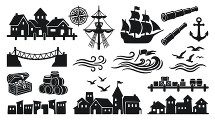 Naklejka premium Nautical vector icons: ships, compass, spyglass, anchor, treasure chest, barrels, cityscape