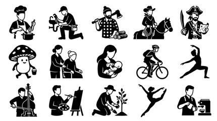 Naklejka premium Black and White Glyph Icons of Diverse Professions and Hobbies