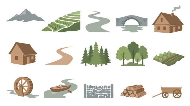 Flat Design Rural Landscape  Countryside Elements Vector Icons Set