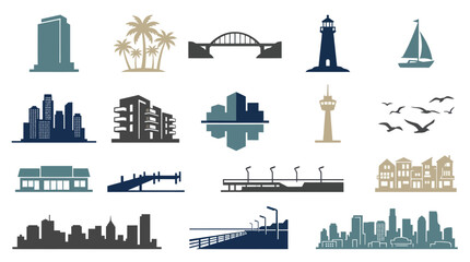 Naklejka premium Cityscape Icons: Modern Buildings, Bridges, Lighthouse, Sailboat, Landmarks