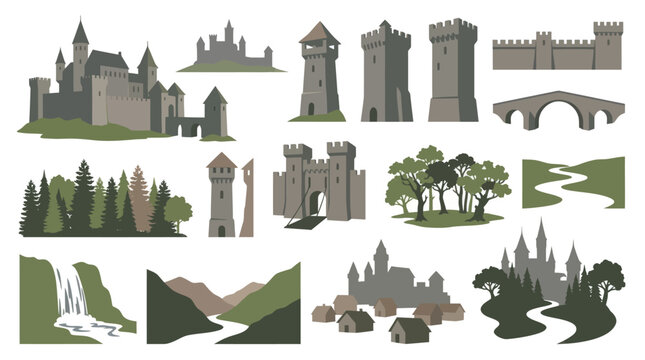 Medieval Castle Vector Set - Fantasy Architecture Elements