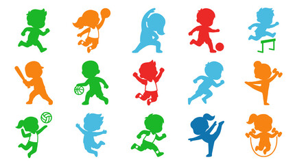 Fototapeta premium Kids sports and activities icons, colorful silhouettes, vector illustrations