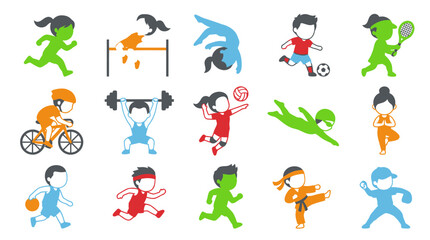 Obraz premium Flat Vector Illustration Set of Kids Sports Activities and Athletes Icons