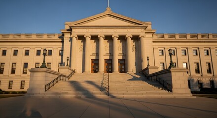 Obraz premium Neoclassical government building with stone columns at sunset, majestic courthouse facade with grand staircase, historic municipal architecture