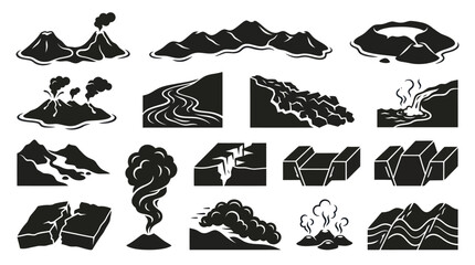 Obraz premium Geology and Earth Science Black White Glyph Icons: Volcanoes, Mountains, Rivers, Faults