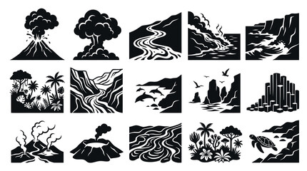 Fototapeta premium Nature Geography Landscapes Glyphs Black White Vector Icons Set