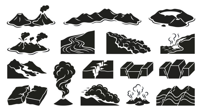 Geology and Earth Science Black  White Glyph Icons: Volcanoes, Mountains, Rivers, Faults