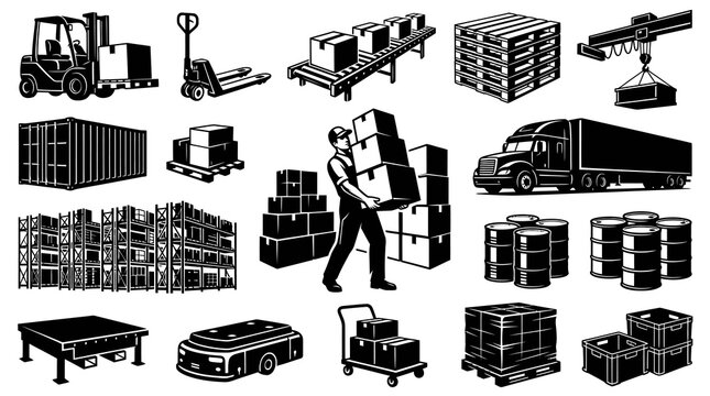 Warehouse Logistics Icons - Forklift, Pallet Jack, Boxes, Truck, Crane, Container