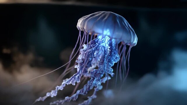 Glowing jellyfish floating in dark ocean water