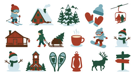Fototapeta premium Flat Vector Winter Holiday Sports Icons Collection with Skier, Snowman, Cabin and Seasonal Elements