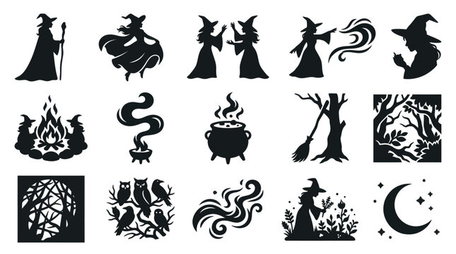 Black Silhouette Witchcraft Magic Halloween Vector Icons Set