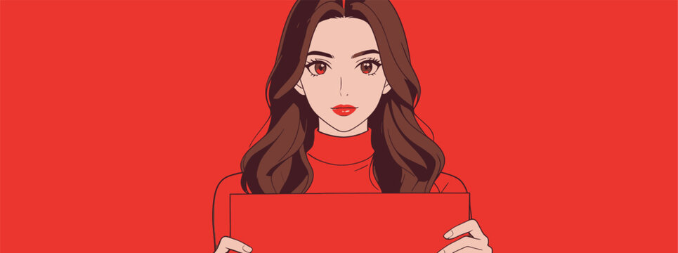 Flat style illustration of a young woman holding blank red sign