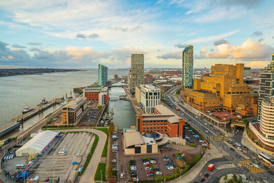 Liverpool city skyline from top view, cityscape of United Kingdom