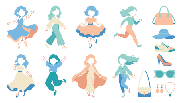 Flat Vector Fashion Lifestyle Illustration of Women in Various Poses with Clothes  Accessories