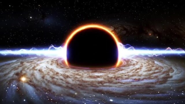 A brightly glowing accretion disk of rapidly rotating material is visible around the event horizon, as are relativistic jets in the form of electric blue flashes of energy that cut through space.