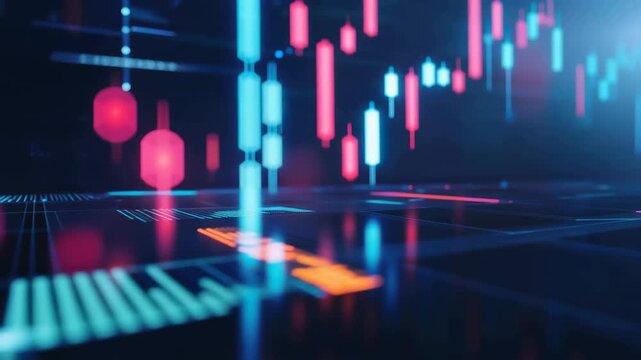 Data visualization shows various charts and graphs representing financial trends in a digital format during the night