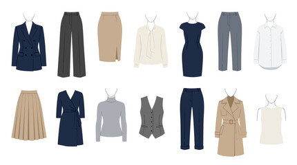 Naklejka premium Professional Business Women's Capsule Wardrobe Flat Vector Illustration Set
