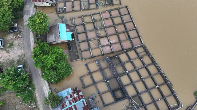 An aerial view captured by a drone showing fish farm along the riverbank, with square-shaped floating cages next to houses along the Kapuas River in Indonesia.