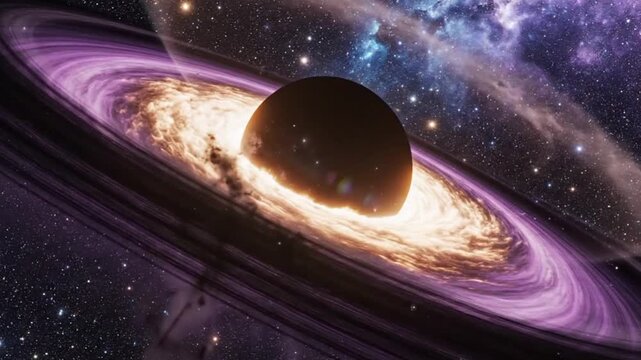 The accretion disk is visible, glowing brightly with contrasting gold and purple colors, emitting tremendous energy as matter is sucked into the event horizon.