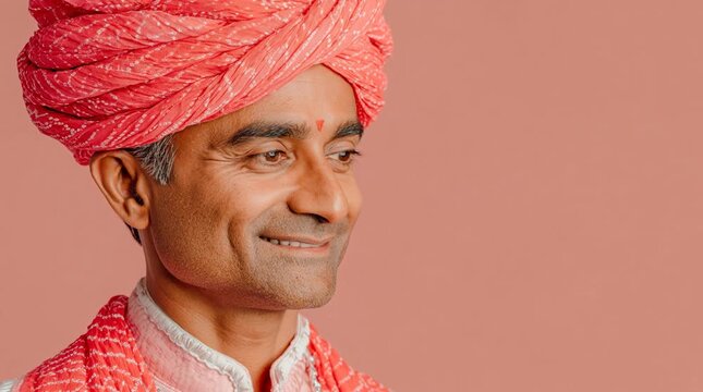 Indian man with turban and warm smile in traditional pink portrait, middle aged male looking sideways, joyful peaceful expression