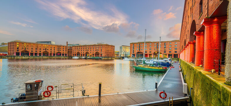 Historic red brick  dock at night with old warehouses in downtown  Liverpool