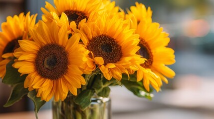 Obraz premium Bright Sunflowers in Clear Vase with Natural Light in Background, Warm and Cheerful Floral Arrangement Perfect for Home or Event Decor