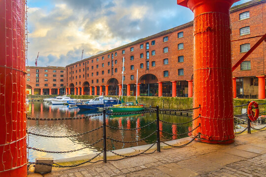 Historic red brick  dock at night with old warehouses in downtown  Liverpool