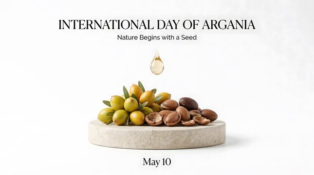 International day of argania may 10th with fresh green argan fruit and nuts on a stone pedestal oil