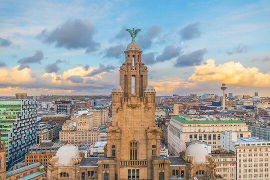 Liverpool city skyline with Royal Liver Building at Golden Hour cityscape of United Kingdom