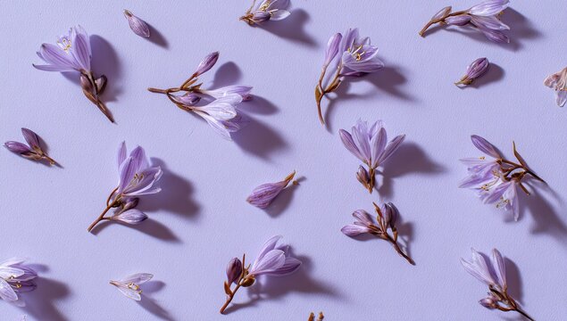 Scattered lavender hosta blossoms and buds on a lavender background