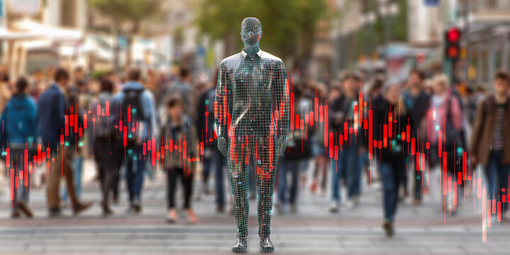 Global inflation predictions analyzing economic trends amidst urban crowds