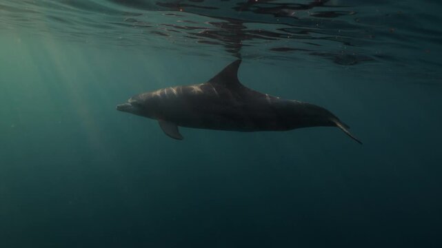 Bottlenose dolphins swim freely through crystal-clear azure water, illuminated by the golden light of sunset. A peaceful underwater moment in the wild, capturing nature's beauty and freedom.