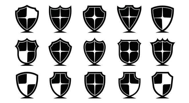 Collection of diverse black shield icons representing security protection safety and integrity against white background ideal for digital and print design elements