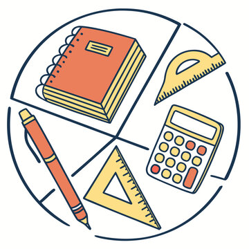 Calculator and pen with notebook in round frames.
