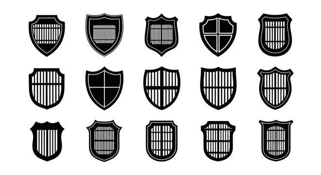Collection of diverse heraldic shield emblems and crests featuring clean geometric lines vertical bars and cross motifs isolated on a white background representing security