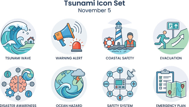 Tsunami and disaster awareness icon set with evacuation, warning system and emergency safety symbols