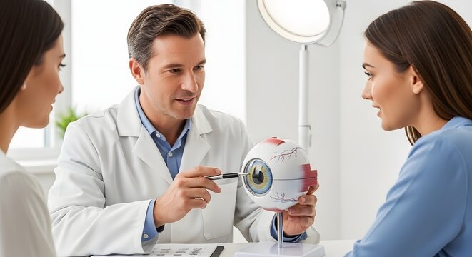 Ophthalmologist examining the human eye structure in clinic