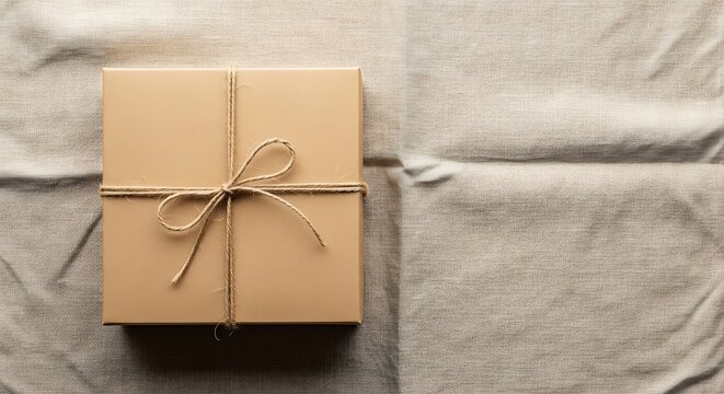 Brown Gift Box Tied with Twine Bow on Textured Fabric Background