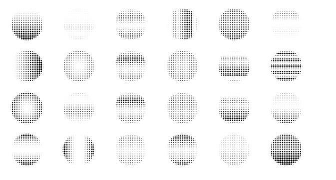 An extensive collection of halftone circles and oval shapes exhibiting a wide range of dot densities and visual gradients on a pristine white canvas.