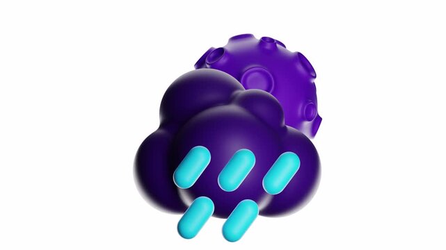 Purple rain cloud over purple virus with blue raindrops can visualize pollution, climate change, and health risks for design projects.