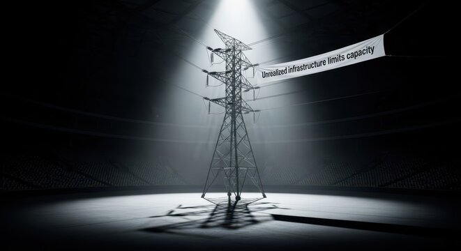Dramatic Spotlight on Electricity Transmission Tower Symbolizing Unrealized Infrastructure Capacity