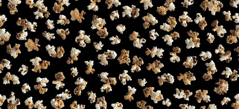 Scattered popcorn pieces over a deep black background, offering a visually appealing texture with varying colors