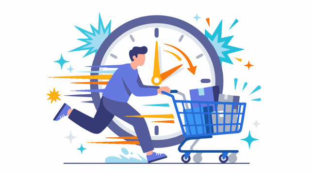 A man running quickly while pushing a shopping cart full of packages, with a fast-spinning clock in the background, symbolizing urgent delivery or express shopping.