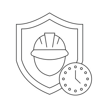 Safety helmet and shield icon with clock. Industrial protection line art.Editable stroke, Vector illustration, Line art Icon, Symbols.