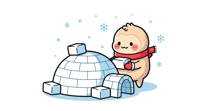 Adorable cartoon character builds a snow igloo with blue ice blocks in a cozy winter scene full of gentle snowfall
