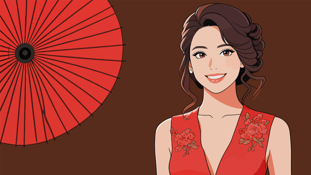 Elegant Eastern woman in red cheongsam with traditional oiled paper umbrella